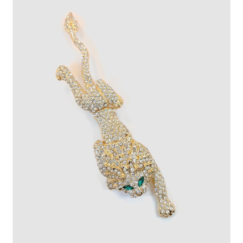 Vintage Shoulder Brooch, Lion, Tiger, Leopard, Rhinestones, Gold Tone, 6" Long - Picture 6 of 7